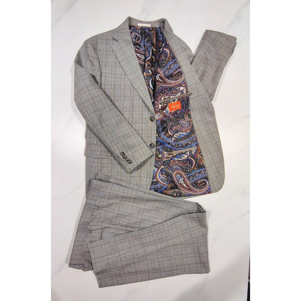 Tallia 2 Piece Suit Mens 44s Glen Plaid Houndstooth Gray Wool Blend 36x28.5